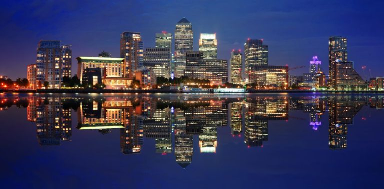 Canary Wharf business district at night